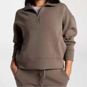 CALIA Women's Soft Scuba Mock Neck 1/4 Zip Ribbed Textured Neutral Golf Crop L